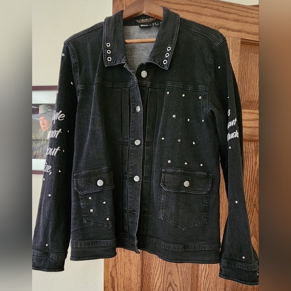 Women With Control Black Studded Denim Jacket size L - Picture 1 of 10